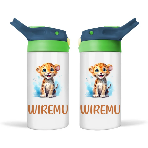 Personalised Leopard Sippy Bottle – Custom Name Kids Drink Bottle – 350ml Double-Walled Stainless Steel