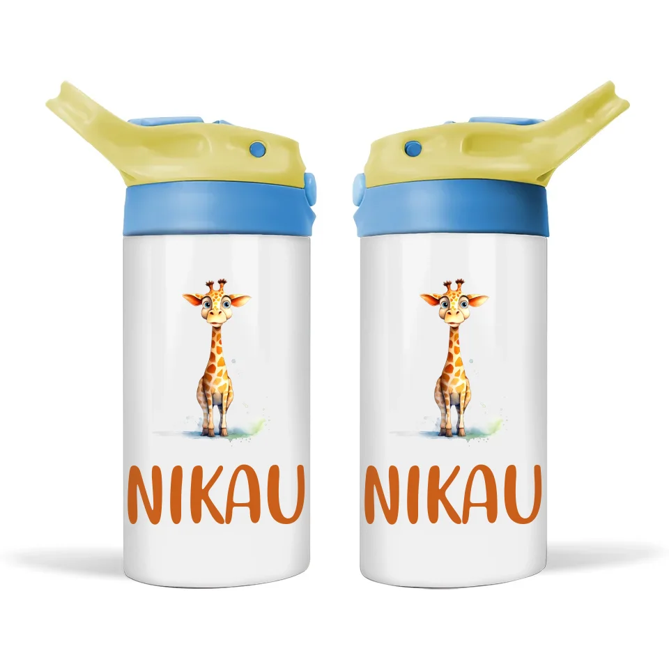 Personalised Giraffe Sippy Bottle – Custom Name Kids Drink Bottle – 350ml Double-Walled Stainless Steel