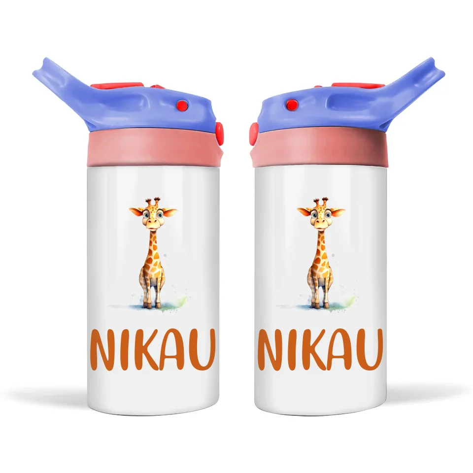 Personalised Giraffe Sippy Bottle – Custom Name Kids Drink Bottle – 350ml Double-Walled Stainless Steel