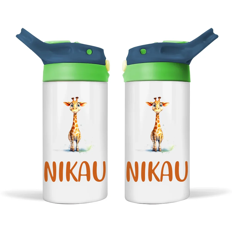 Personalised Giraffe Sippy Bottle – Custom Name Kids Drink Bottle – 350ml Double-Walled Stainless Steel