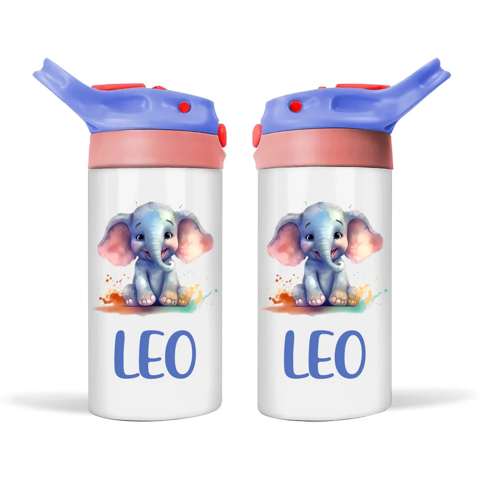Personalised Elephant Sippy Bottle – Custom Name Kids Drink Bottle – 350ml Double-Walled Stainless Steel