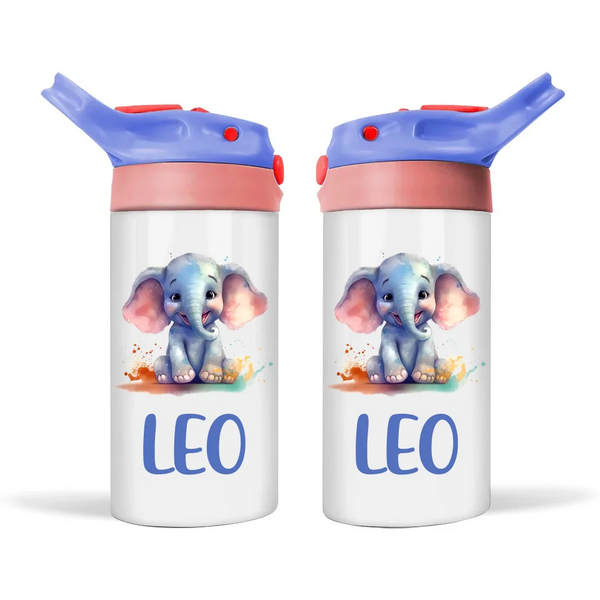 Personalised Elephant Sippy Bottle – Custom Name Kids Drink Bottle – 350ml Double-Walled Stainless Steel