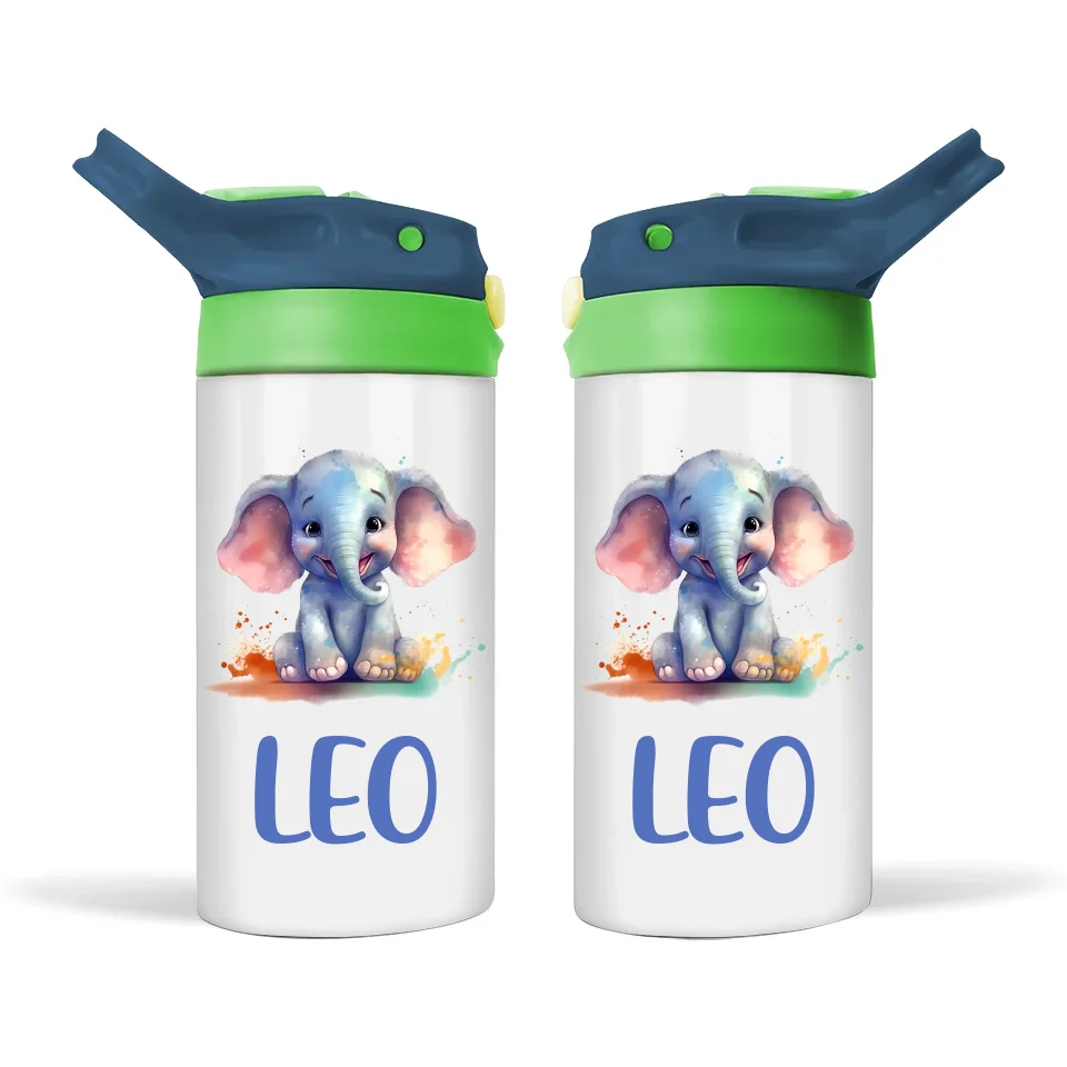 Personalised Elephant Sippy Bottle – Custom Name Kids Drink Bottle – 350ml Double-Walled Stainless Steel