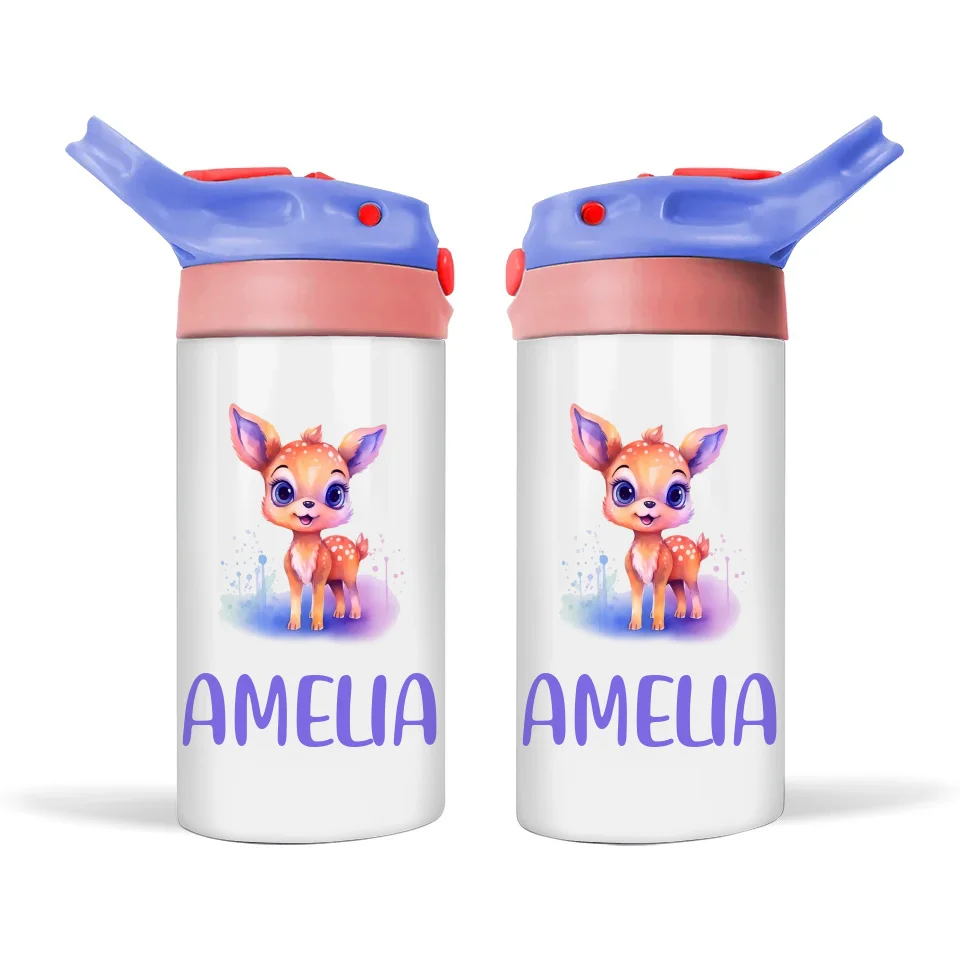 Personalised Deer Sippy Bottle – Custom Name Kids Drink Bottle – 350ml Double-Walled Stainless Steel