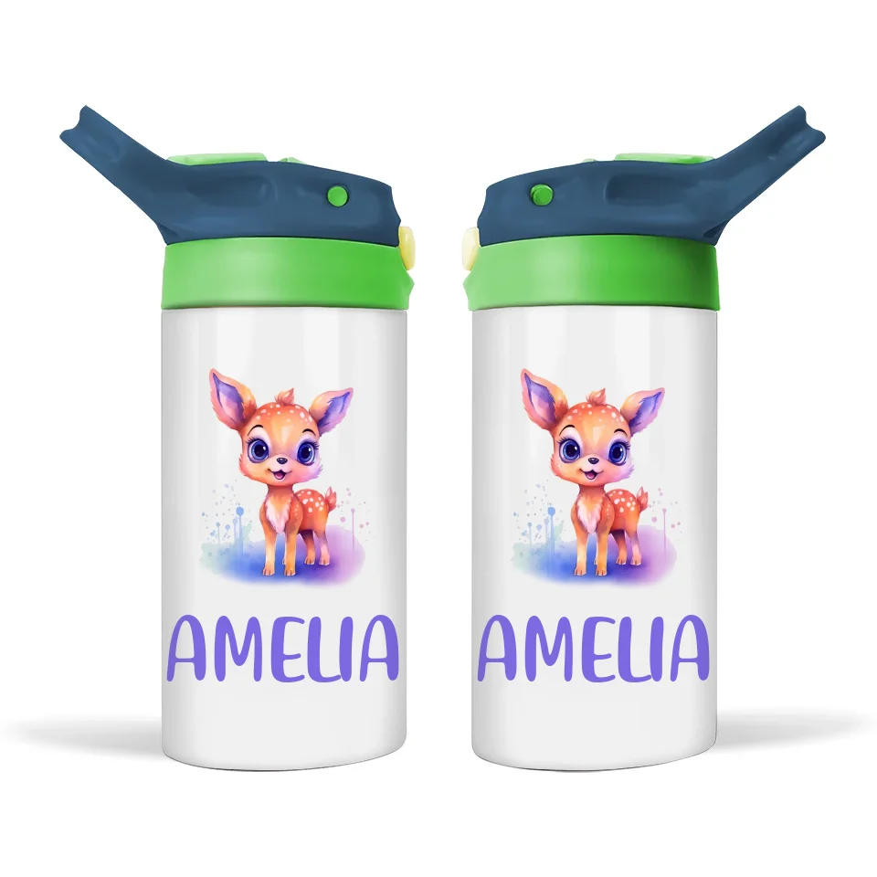 Personalised Deer Sippy Bottle – Custom Name Kids Drink Bottle – 350ml Double-Walled Stainless Steel
