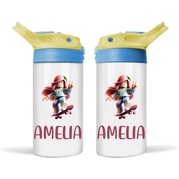 Personalised Skater Girl Sippy Bottle – Custom Name Kids Drink Bottle – 350ml Double-Walled Stainless Steel