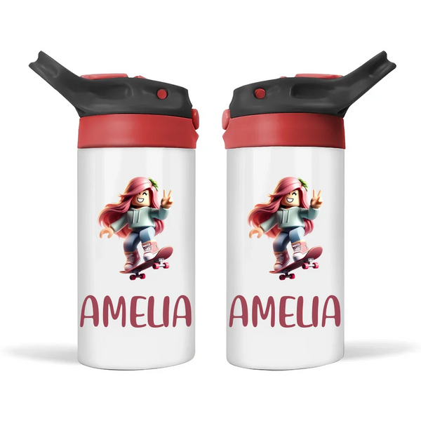 Personalised Skater Girl Sippy Bottle – Custom Name Kids Drink Bottle – 350ml Double-Walled Stainless Steel