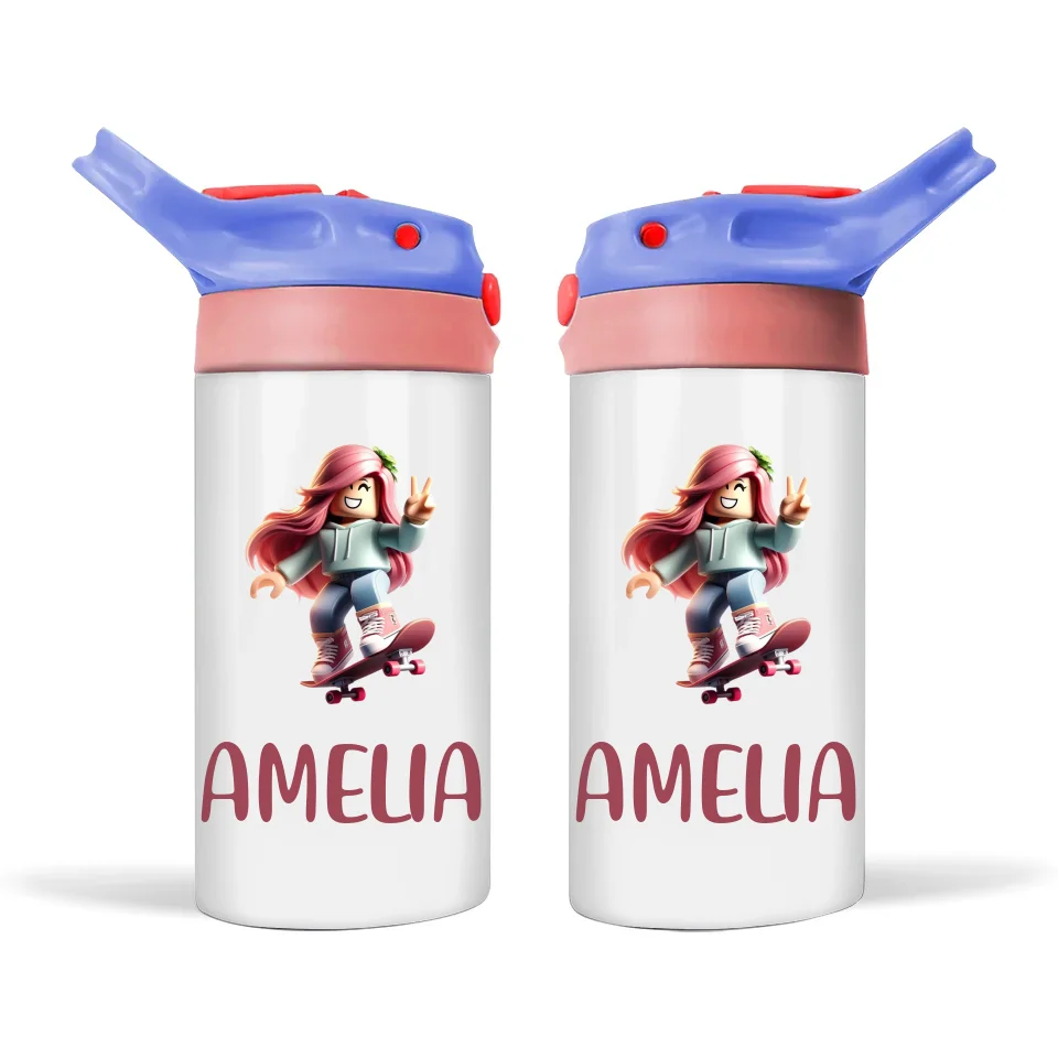 Personalised Skater Girl Sippy Bottle – Custom Name Kids Drink Bottle – 350ml Double-Walled Stainless Steel