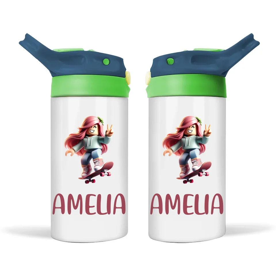 Personalised Skater Girl Sippy Bottle – Custom Name Kids Drink Bottle – 350ml Double-Walled Stainless Steel