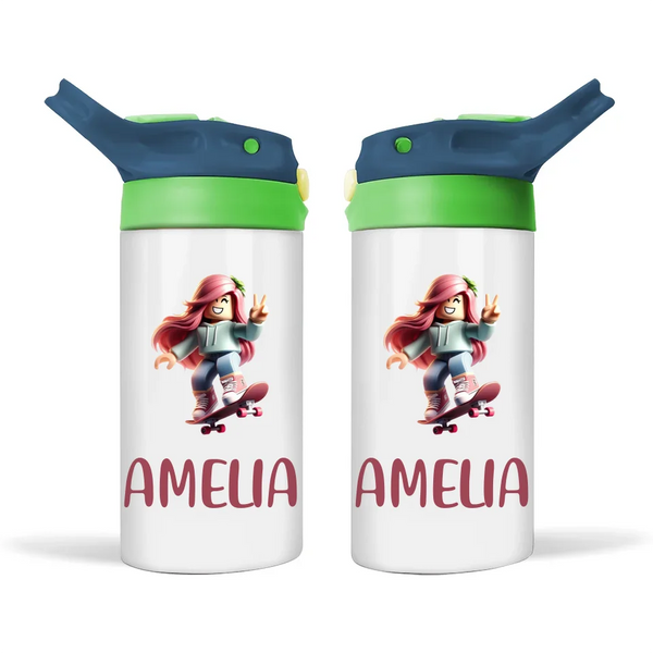 Personalised Skater Girl Sippy Bottle – Custom Name Kids Drink Bottle – 350ml Double-Walled Stainless Steel