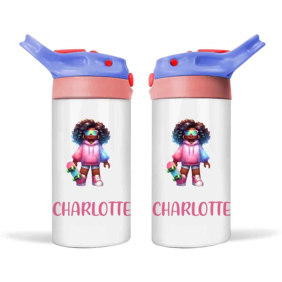 Personalised Skater Girl Sippy Bottle – Custom Name Kids Drink Bottle – 350ml Double-Walled Stainless Steel