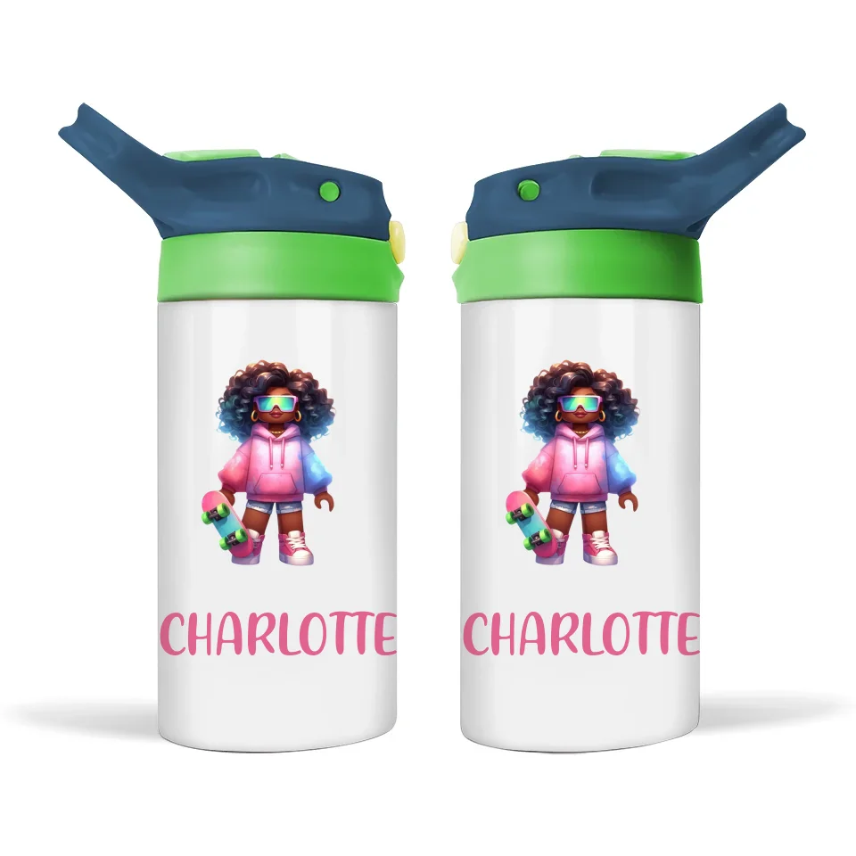 Personalised Skater Girl Sippy Bottle – Custom Name Kids Drink Bottle – 350ml Double-Walled Stainless Steel