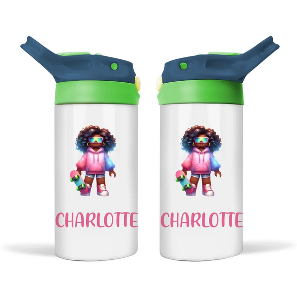 Personalised Skater Girl Sippy Bottle – Custom Name Kids Drink Bottle – 350ml Double-Walled Stainless Steel