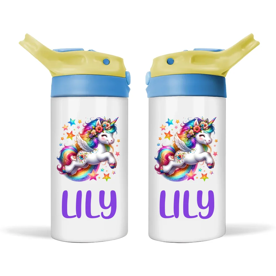 Personalised Unicorn Sippy Bottle – Custom Name Kids Drink Bottle – 350ml Double-Walled Stainless Steel