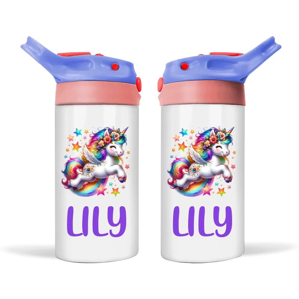 Personalised Unicorn Sippy Bottle – Custom Name Kids Drink Bottle – 350ml Double-Walled Stainless Steel