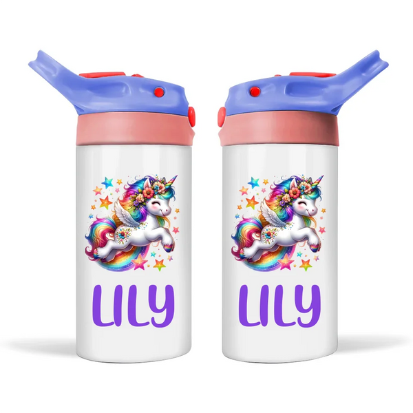 Personalised Unicorn Sippy Bottle – Custom Name Kids Drink Bottle – 350ml Double-Walled Stainless Steel