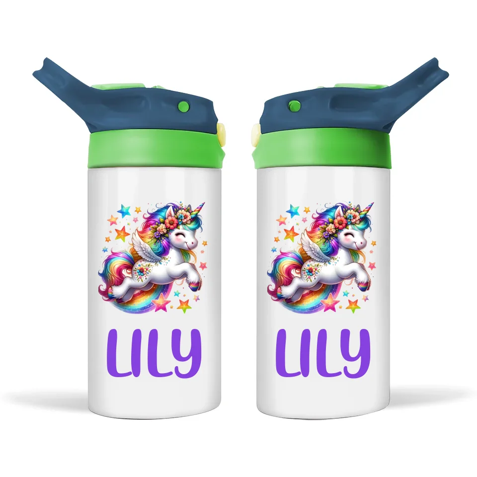 Personalised Unicorn Sippy Bottle – Custom Name Kids Drink Bottle – 350ml Double-Walled Stainless Steel