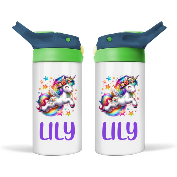 Personalised Unicorn Sippy Bottle – Custom Name Kids Drink Bottle – 350ml Double-Walled Stainless Steel