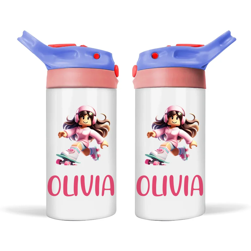 Personalised Roller Skater Sippy Bottle – Custom Name Kids Drink Bottle – 350ml Double-Walled Stainless Steel