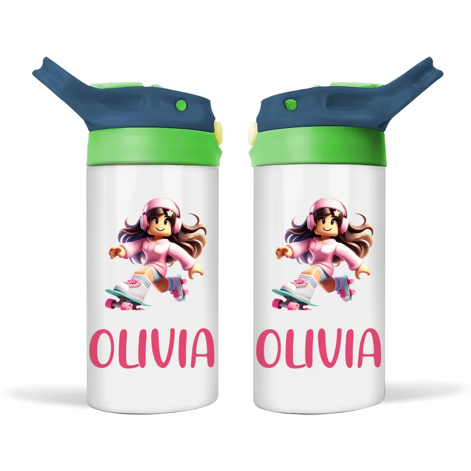 Personalised Roller Skater Sippy Bottle – Custom Name Kids Drink Bottle – 350ml Double-Walled Stainless Steel