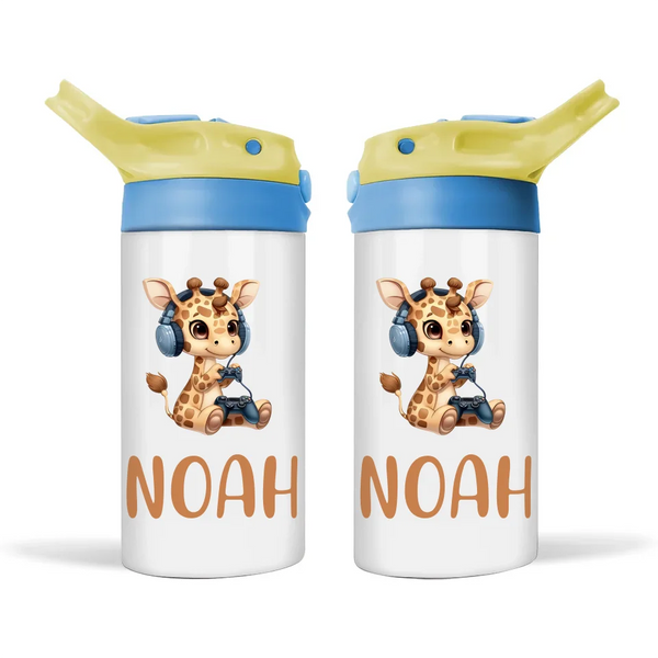 Personalised Kids Sippy Bottle - Cute Gamer Giraffe Design with Custom Name