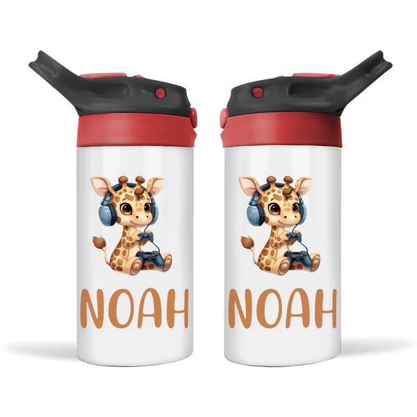 Personalised Kids Sippy Bottle - Cute Gamer Giraffe Design with Custom Name