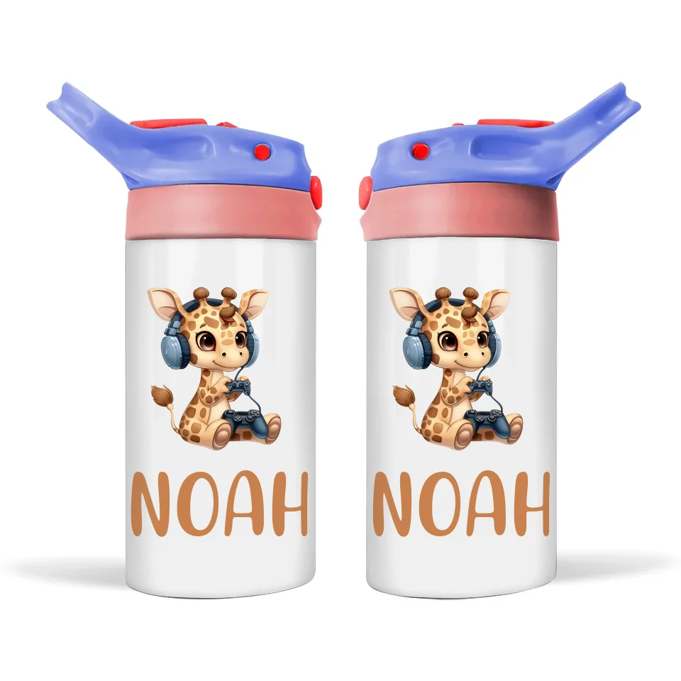 Personalised Kids Sippy Bottle - Cute Gamer Giraffe Design with Custom Name
