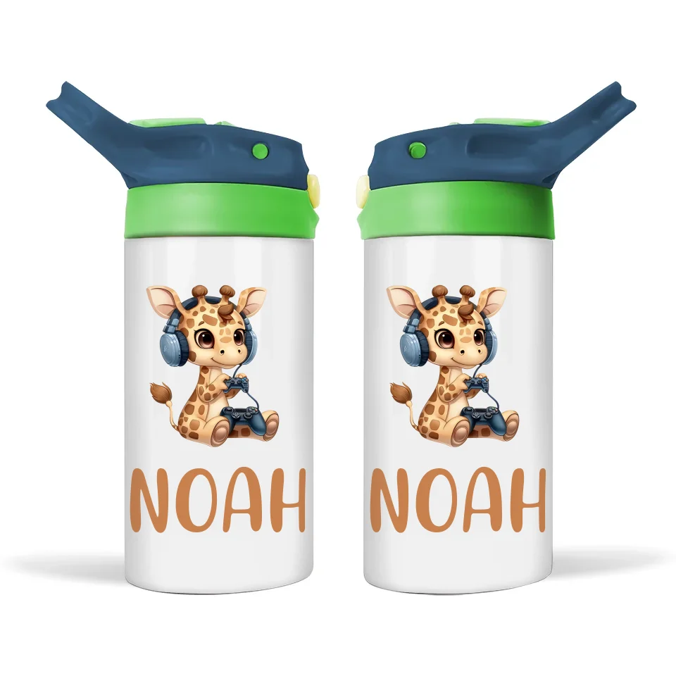 Personalised Kids Sippy Bottle - Cute Gamer Giraffe Design with Custom Name