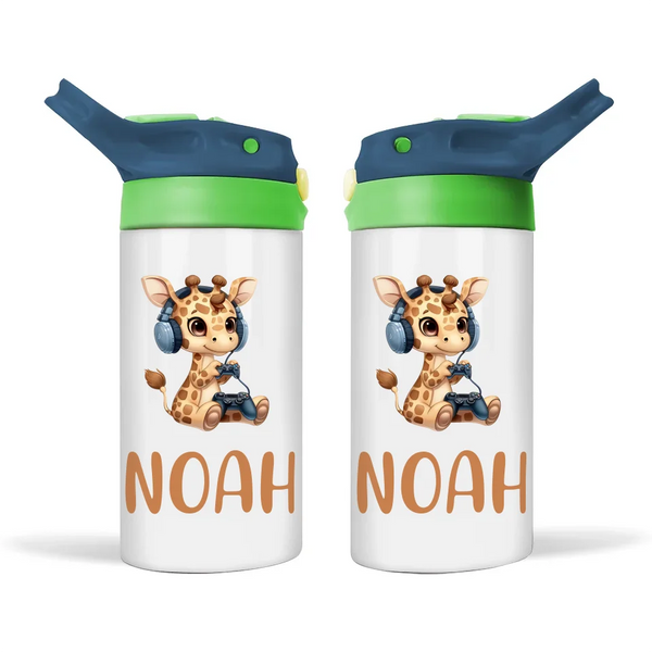 Personalised Kids Sippy Bottle - Cute Gamer Giraffe Design with Custom Name
