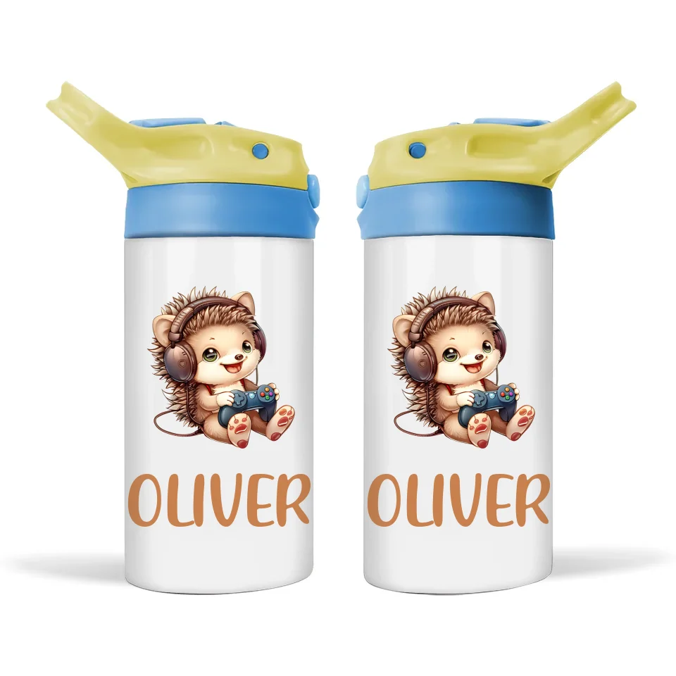 Personalised Kids Sippy Bottle - Cute Gamer Hedgehog Design with Custom Name