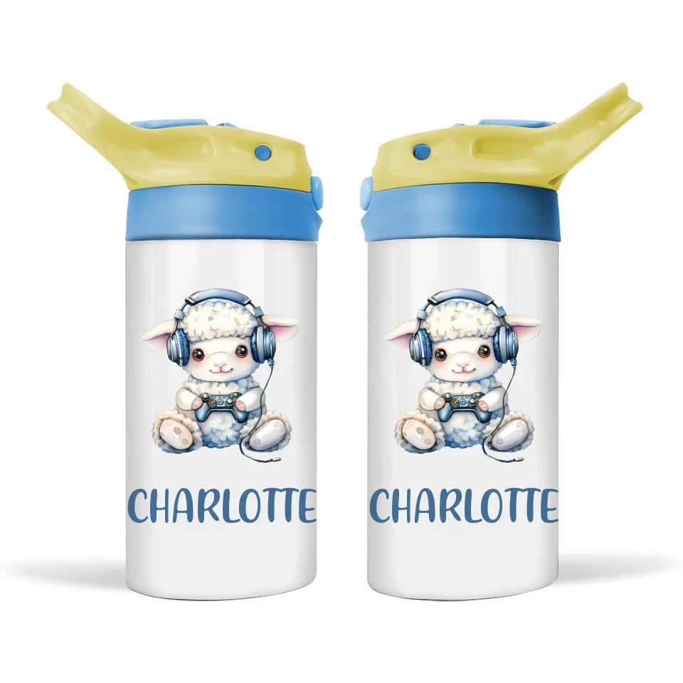 Personalised Kids Sippy Bottle - Cute Gamer Sheep Design with Custom Name