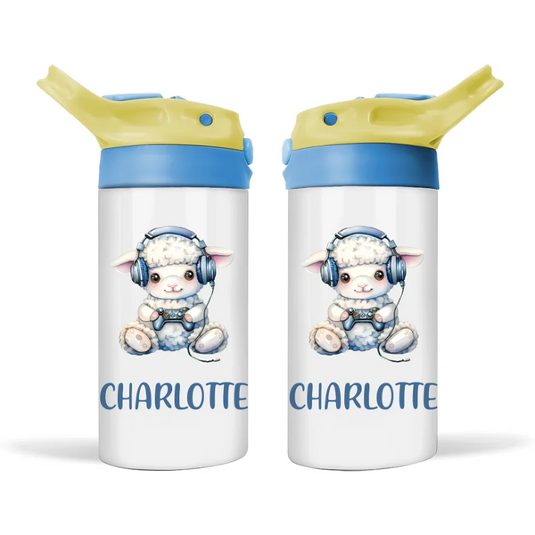 Personalised Kids Sippy Bottle - Cute Gamer Sheep Design with Custom Name