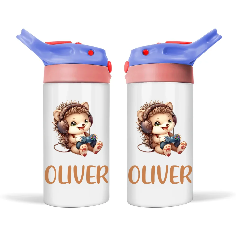 Personalised Kids Sippy Bottle - Cute Gamer Hedgehog Design with Custom Name