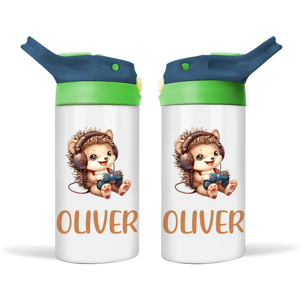 Personalised Kids Sippy Bottle - Cute Gamer Hedgehog Design with Custom Name