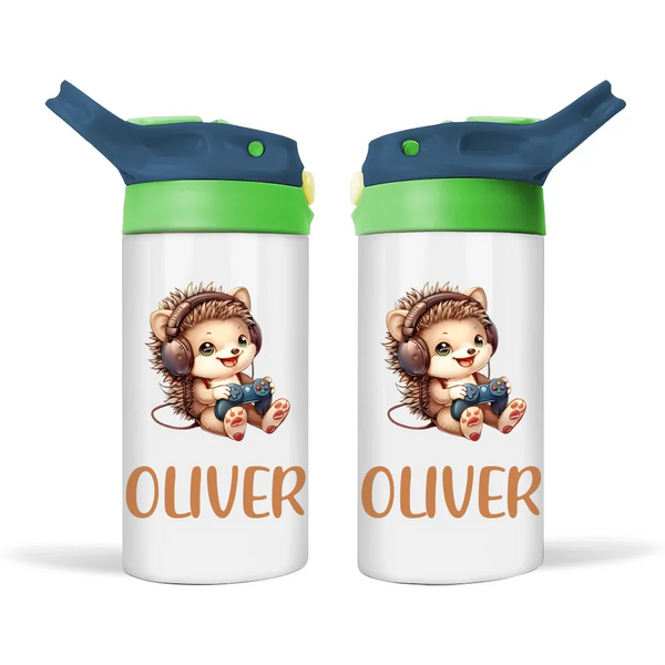Personalised Kids Sippy Bottle - Cute Gamer Hedgehog Design with Custom Name