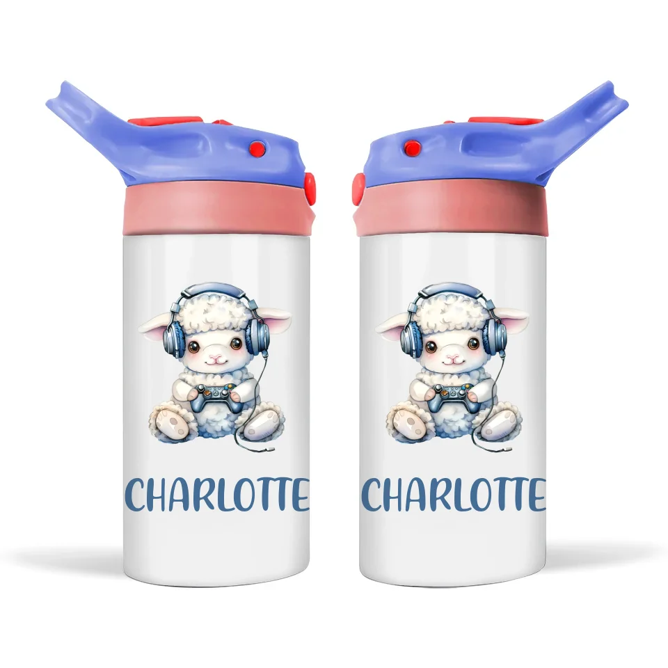 Personalised Kids Sippy Bottle - Cute Gamer Sheep Design with Custom Name