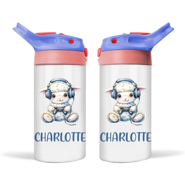 Personalised Kids Sippy Bottle - Cute Gamer Sheep Design with Custom Name