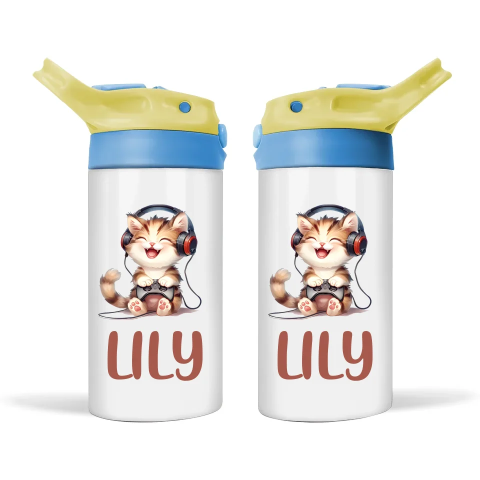 Personalised Kids Sippy Bottle - Cute Gamer Cat Design with Custom Name