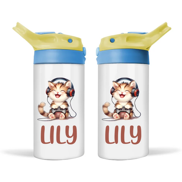 Personalised Kids Sippy Bottle - Cute Gamer Cat Design with Custom Name