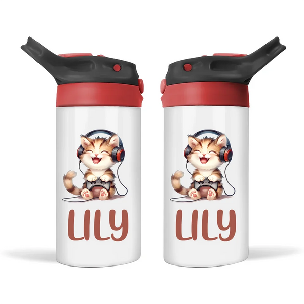 Personalised Kids Sippy Bottle - Cute Gamer Cat Design with Custom Name
