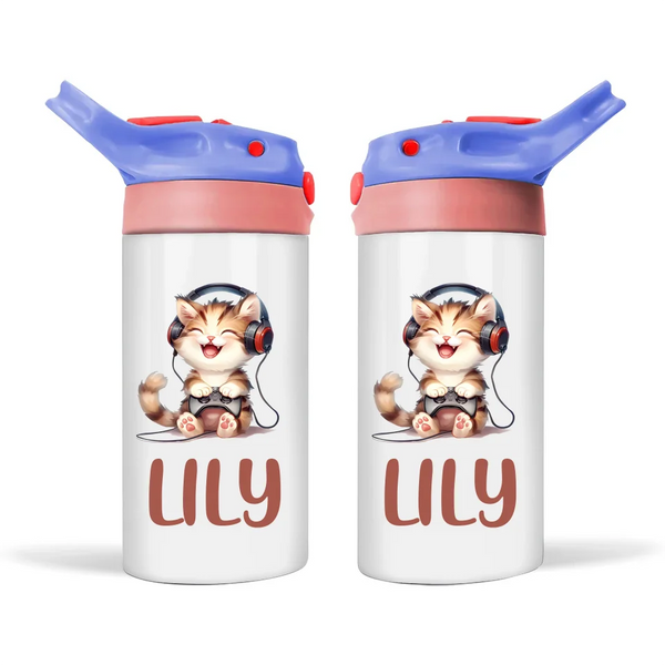 Personalised Kids Sippy Bottle - Cute Gamer Cat Design with Custom Name