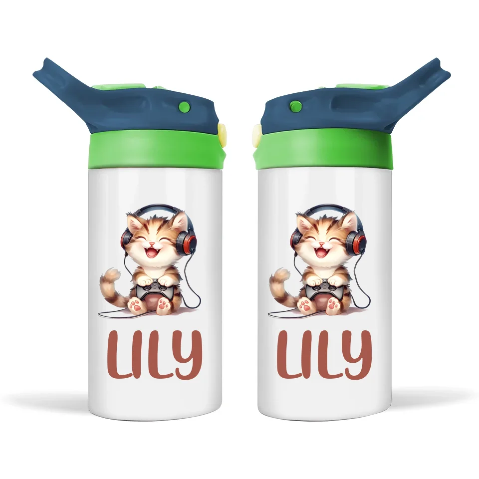 Personalised Kids Sippy Bottle - Cute Gamer Cat Design with Custom Name