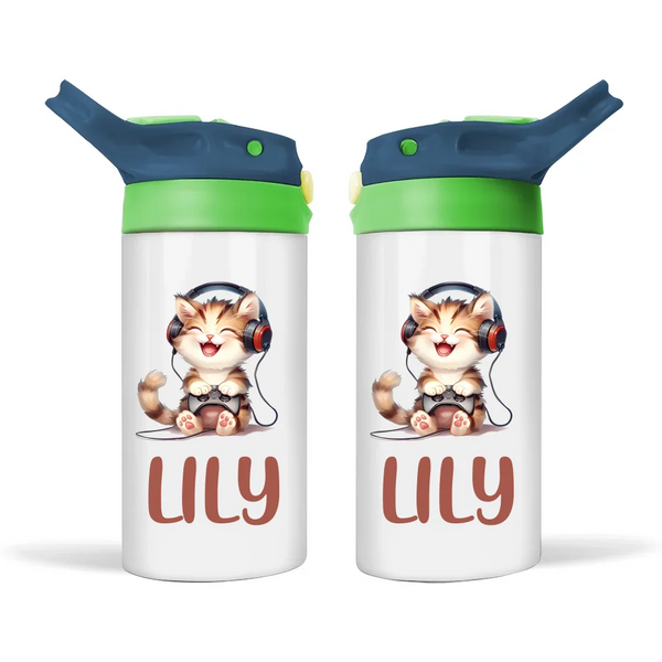 Personalised Kids Sippy Bottle - Cute Gamer Cat Design with Custom Name