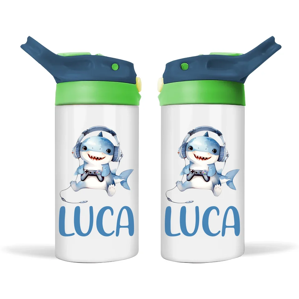 Personalised Kids Sippy Bottle - Cute Gamer Shark Design with Custom Name