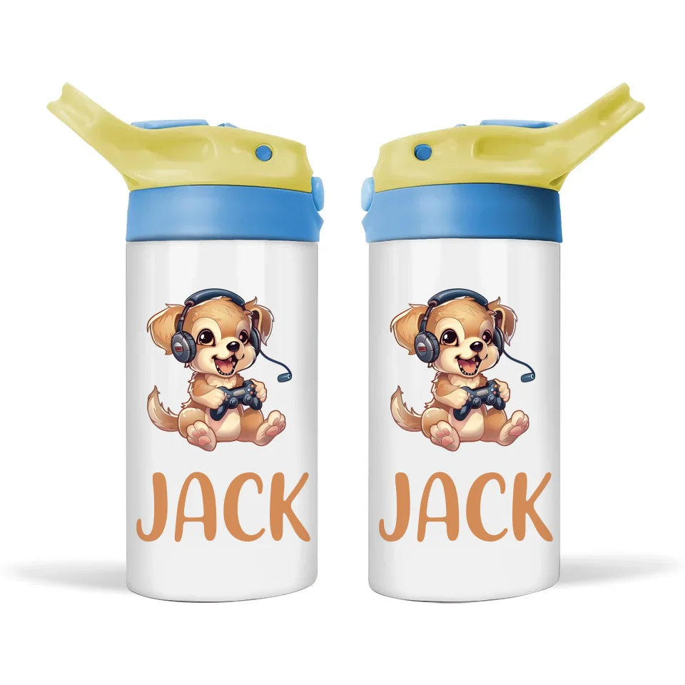 Personalised Kids Sippy Bottle - Cute Gamer Puppy Design with Custom Name