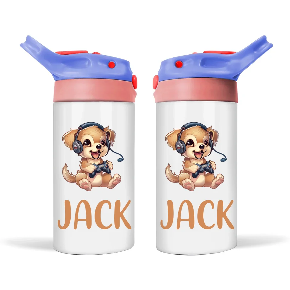 Personalised Kids Sippy Bottle - Cute Gamer Puppy Design with Custom Name