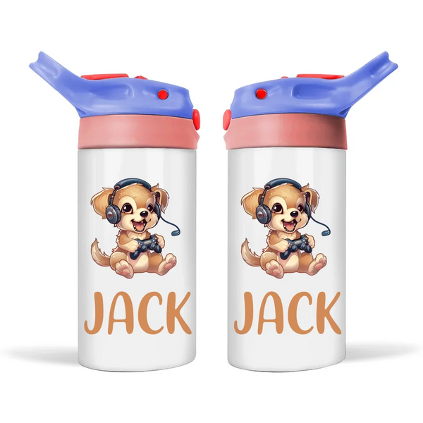 Personalised Kids Sippy Bottle - Cute Gamer Puppy Design with Custom Name