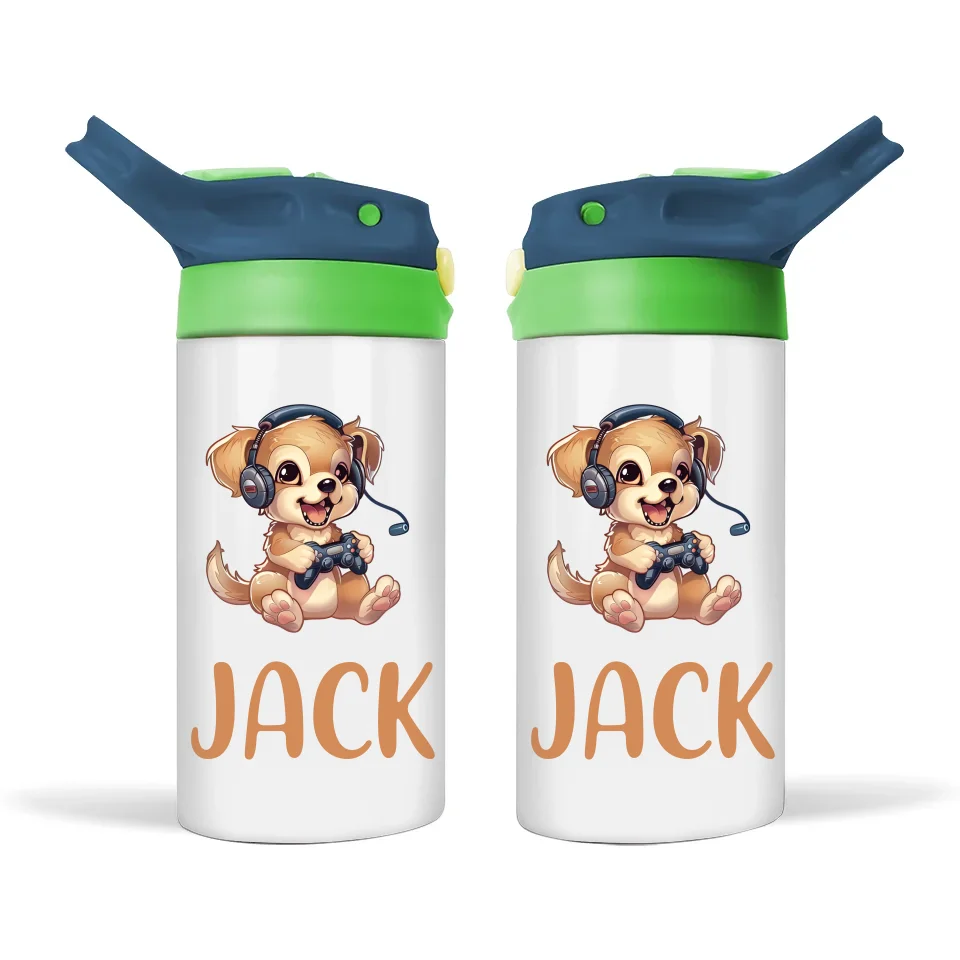 Personalised Kids Sippy Bottle - Cute Gamer Puppy Design with Custom Name