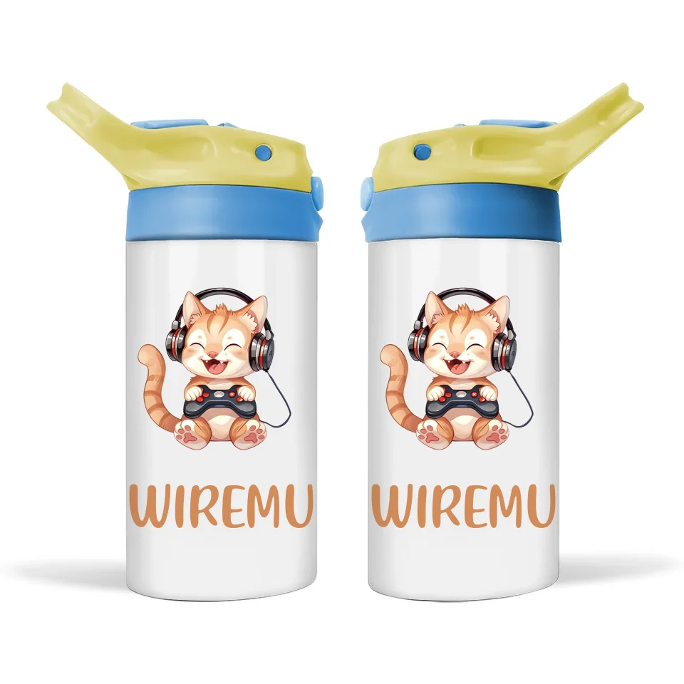 Personalised Kids Sippy Bottle - Cute Gamer Cat Design with Custom Name