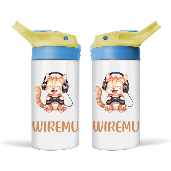 Personalised Kids Sippy Bottle - Cute Gamer Cat Design with Custom Name